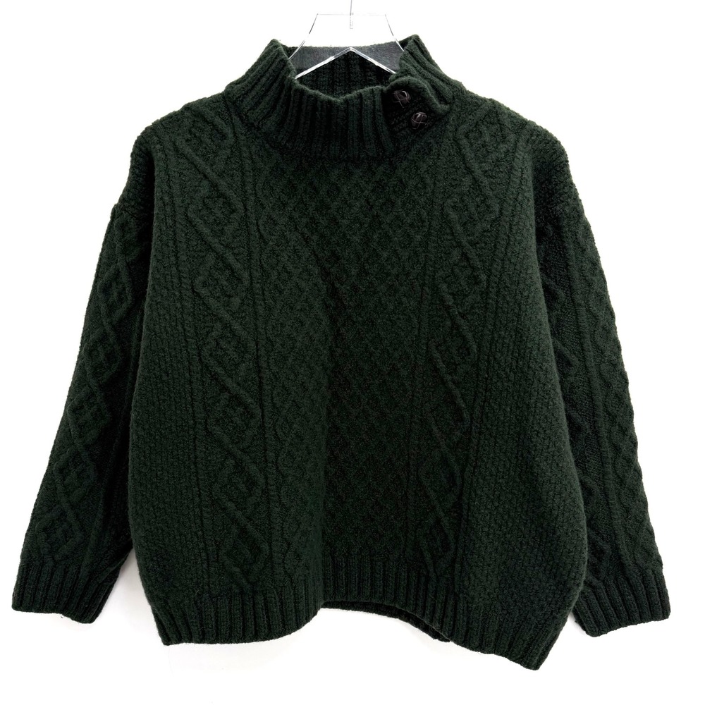 The Irish Store 100% Merino Wool Sweater XL Cable Knit Button Mock Neck Green